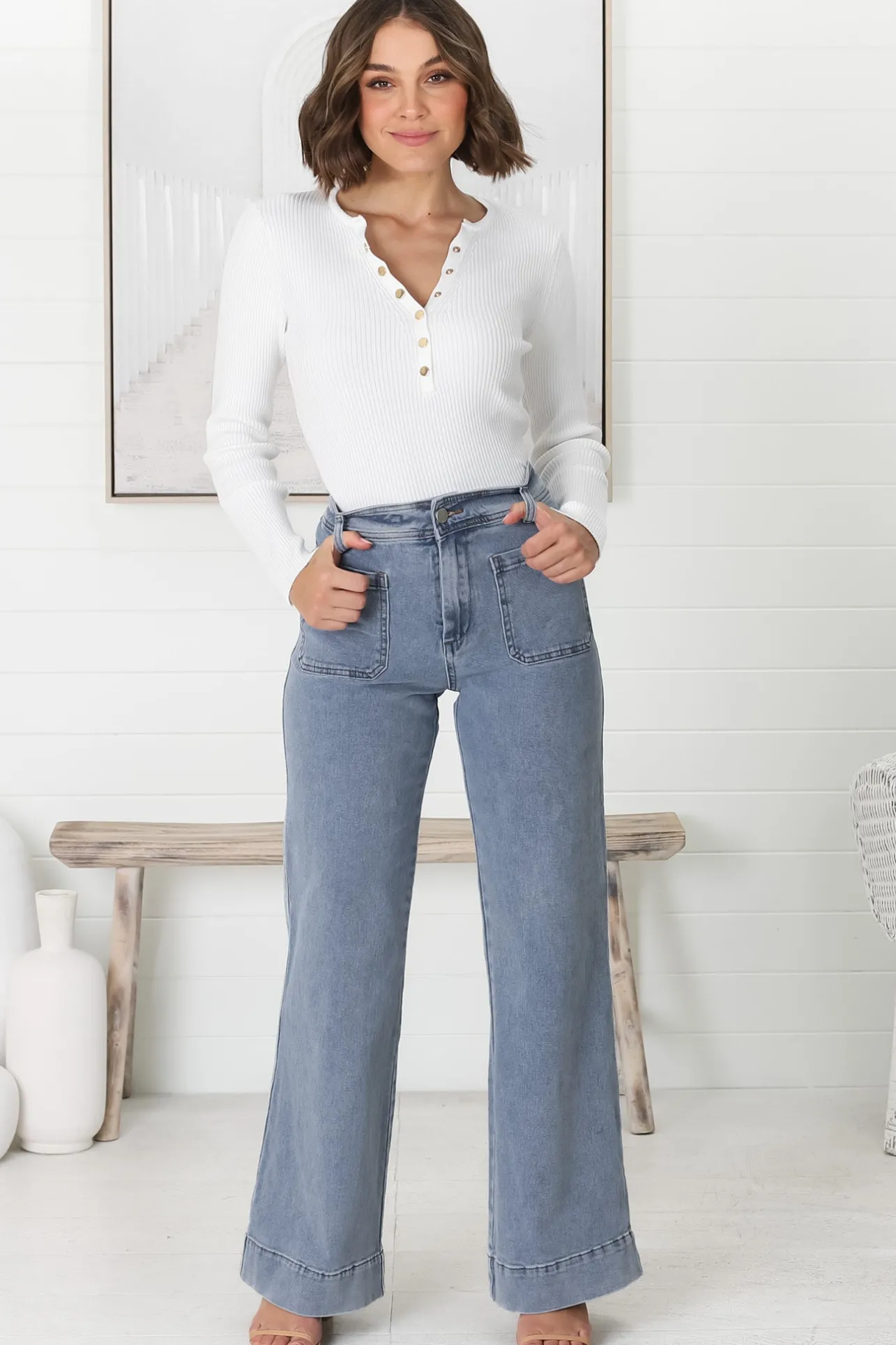 Farah Jeans - Highwaisted Flare Leg Stretch Jean in Light Denim>Salty Crush Sale