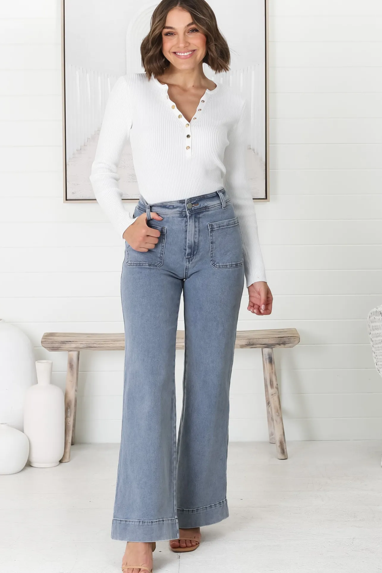 Farah Jeans - Highwaisted Flare Leg Stretch Jean in Light Denim>Salty Crush Sale