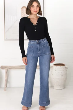 Farah Jeans - Highwaisted Flare Leg Stretch Jean in Mid Denim>Salty Crush Clearance