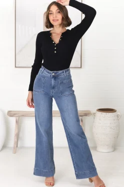 Farah Jeans - Highwaisted Flare Leg Stretch Jean in Mid Denim><noscript><img width=