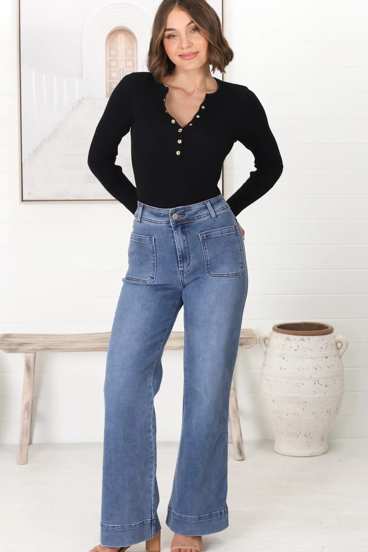 Farah Jeans - Highwaisted Flare Leg Stretch Jean in Mid Denim>Salty Crush Clearance