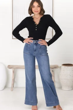 Farah Jeans - Highwaisted Flare Leg Stretch Jean in Mid Denim><noscript><img width=