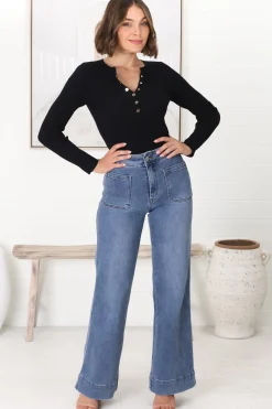 Farah Jeans - Highwaisted Flare Leg Stretch Jean in Mid Denim><noscript><img width=