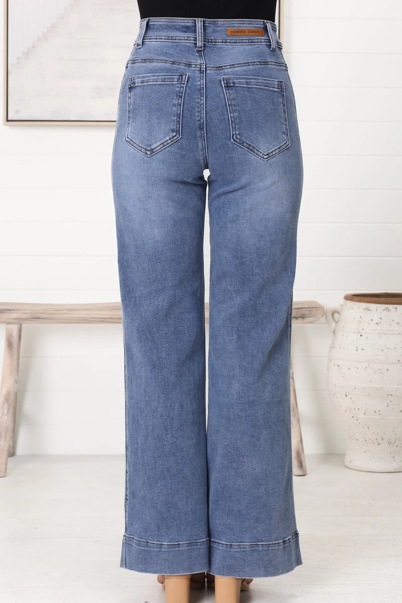 Farah Jeans - Highwaisted Flare Leg Stretch Jean in Mid Denim>Salty Crush Clearance