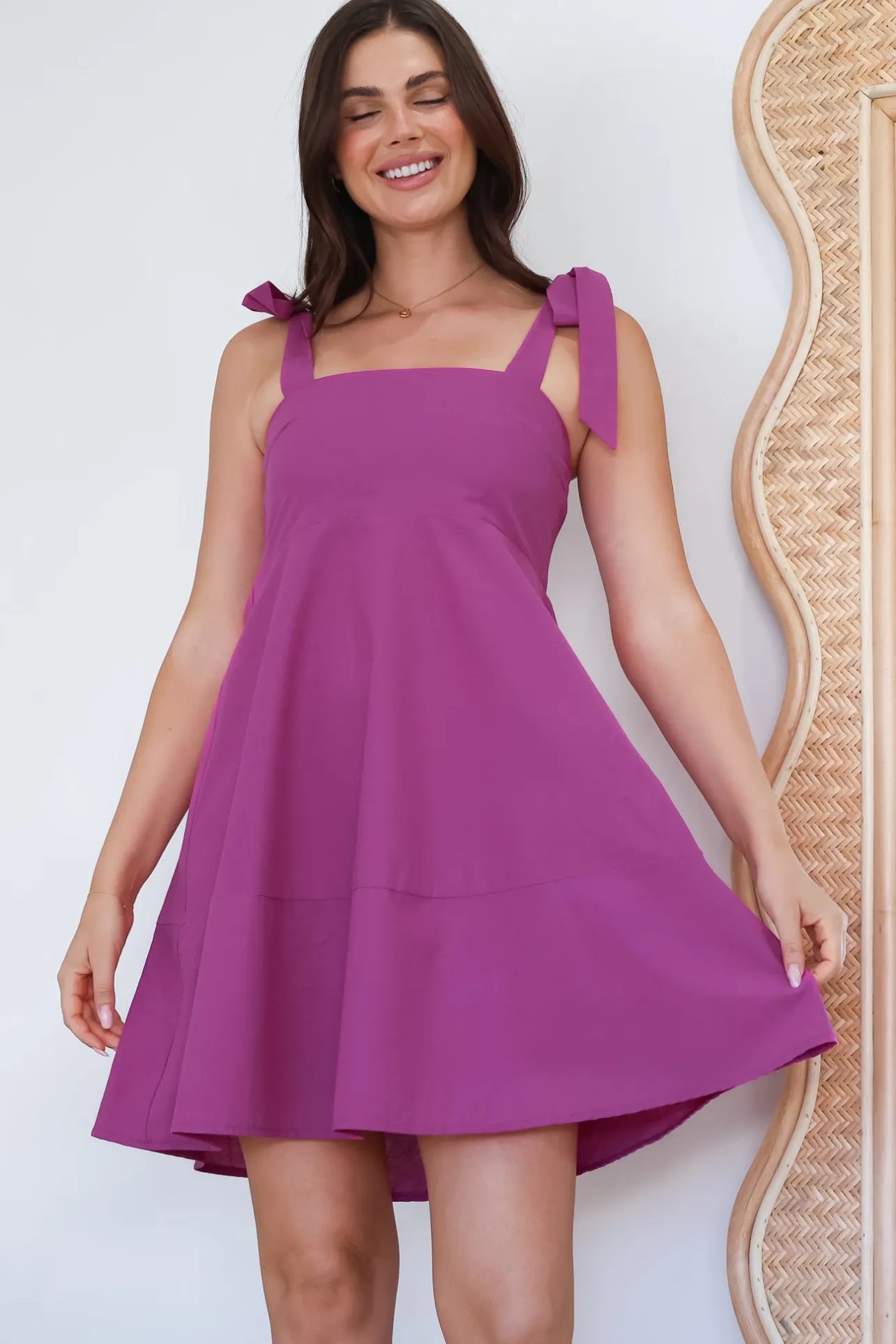 Faris Mini Dress - Tie Up Strap Cotton Sun Dress in Purple>Salty Crush Discount