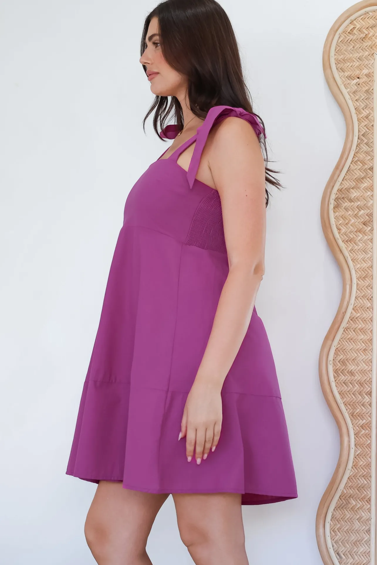 Faris Mini Dress - Tie Up Strap Cotton Sun Dress in Purple>Salty Crush Discount