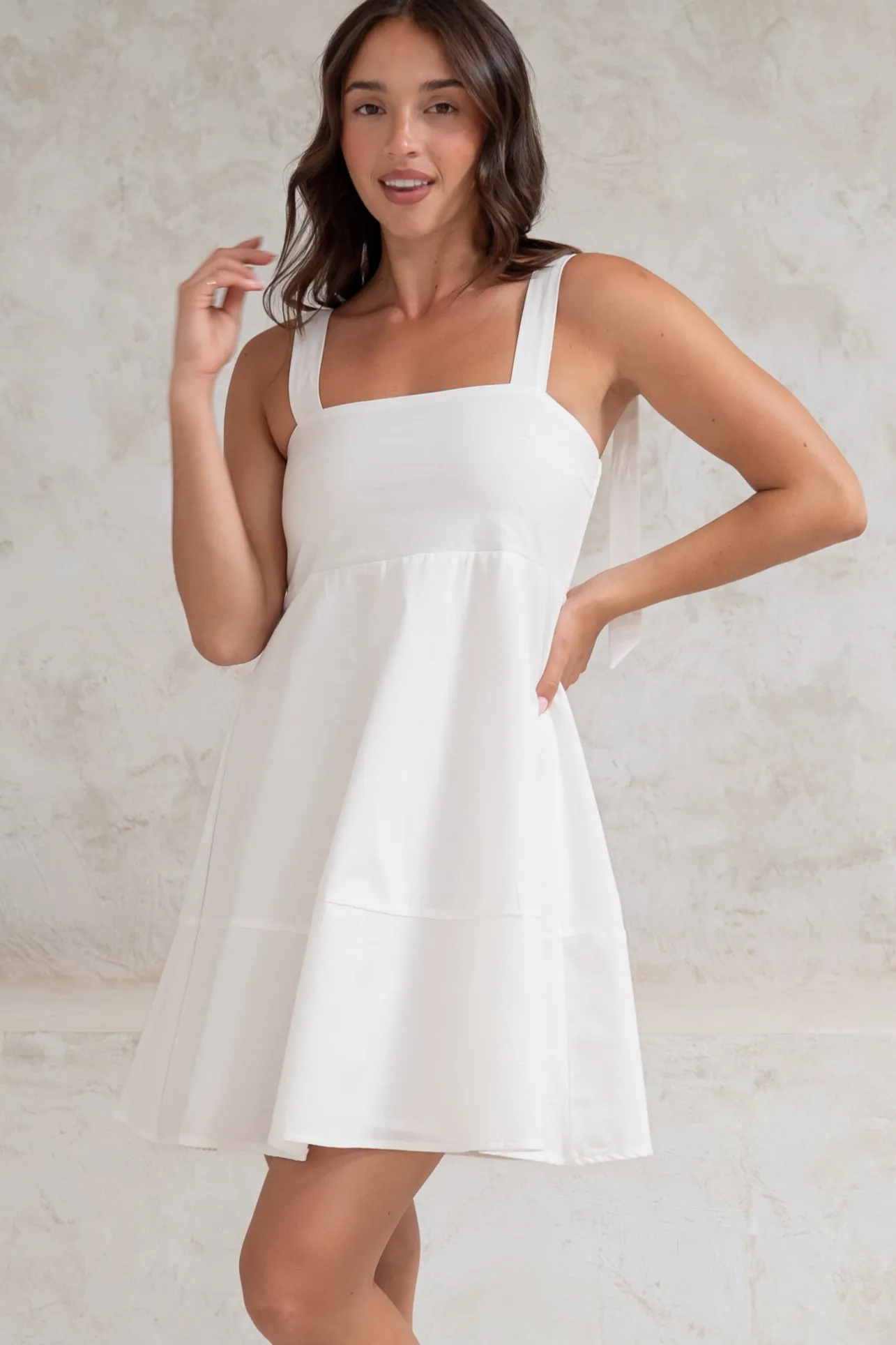 Faris Mini Dress - Tie Up Strap Cotton Sun Dress in White>Salty Crush Best