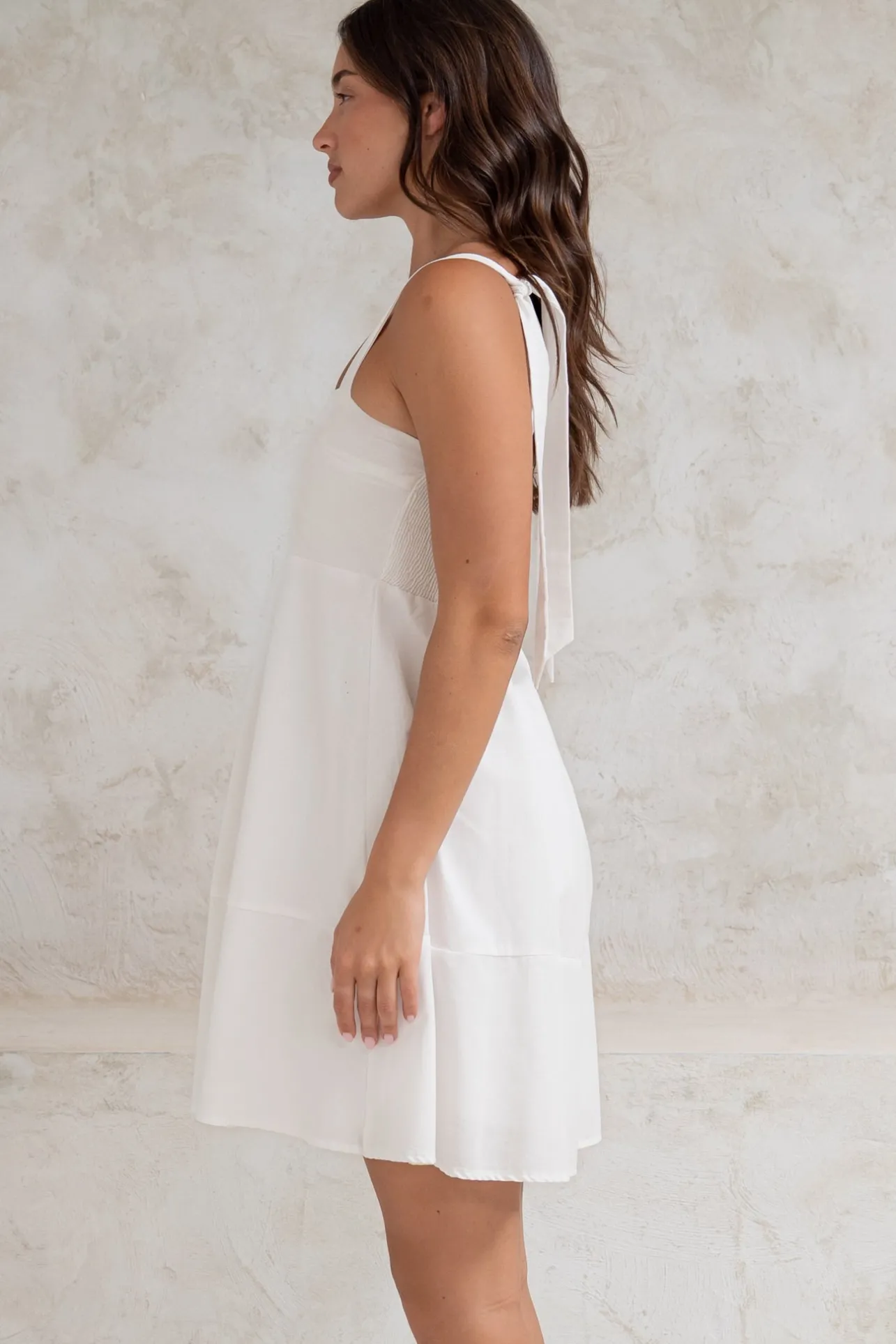 Faris Mini Dress - Tie Up Strap Cotton Sun Dress in White>Salty Crush Best
