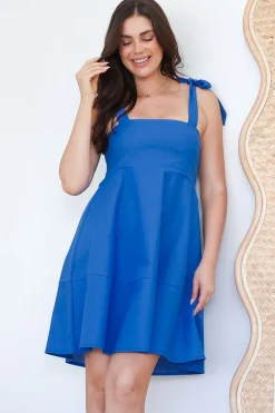 Faris Mini Dress - Tie Up Strap Cotton Sun Dress in Blue>Salty Crush