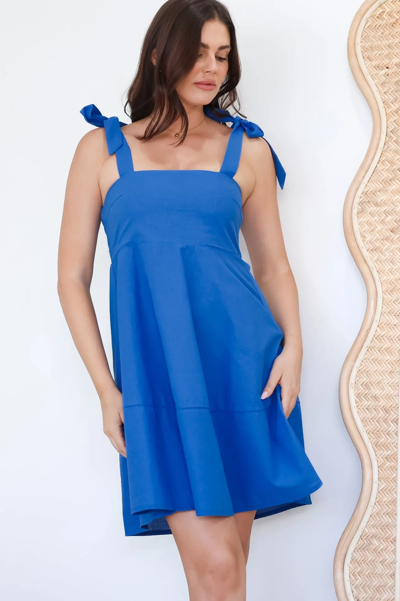 Faris Mini Dress - Tie Up Strap Cotton Sun Dress in Blue>Salty Crush