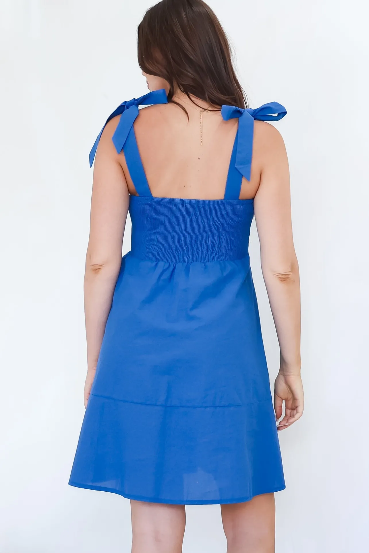 Faris Mini Dress - Tie Up Strap Cotton Sun Dress in Blue>Salty Crush