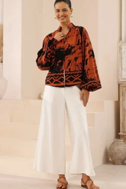 Faye Blouse - Mandarin Collar Balloon Sleeve Button Down Shirt in Joslyn Print>Salty Crush Sale