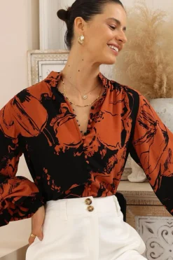 Faye Blouse - Mandarin Collar Balloon Sleeve Button Down Shirt in Joslyn Print><noscript><img width=