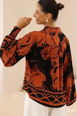 Faye Blouse - Mandarin Collar Balloon Sleeve Button Down Shirt in Joslyn Print><noscript><img width=