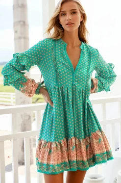 Fey Mini Dress - V-Neck Long Sleeve Mini Dress in Jade Print>Jaase Sale