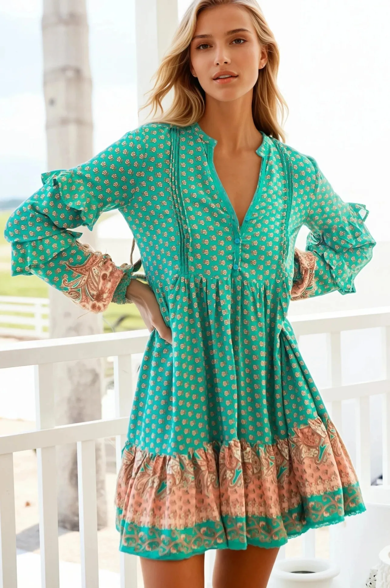 Fey Mini Dress - V-Neck Long Sleeve Mini Dress in Jade Print>Jaase Sale