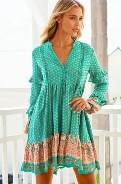 Fey Mini Dress - V-Neck Long Sleeve Mini Dress in Jade Print><noscript><img width=