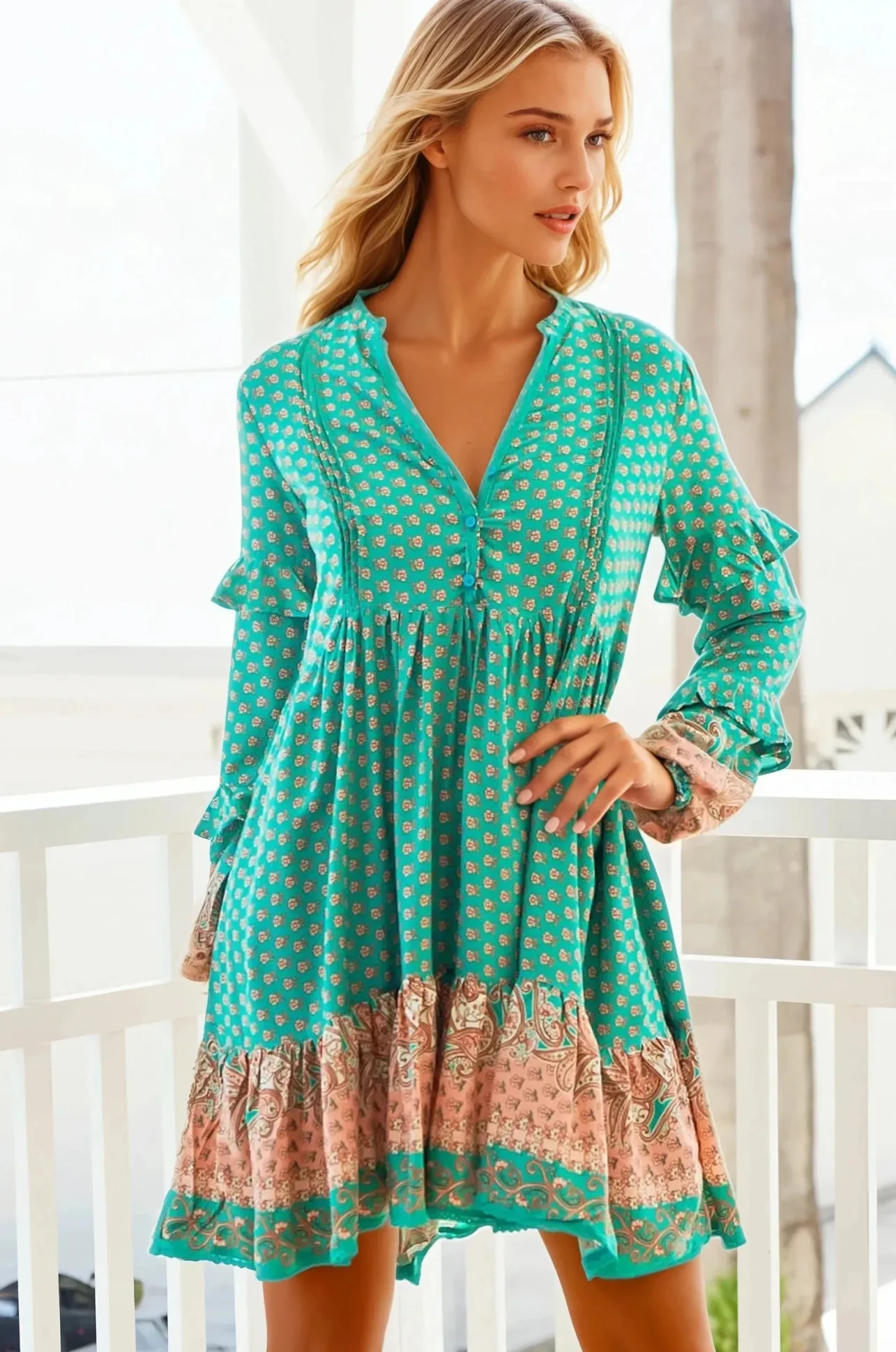 Fey Mini Dress - V-Neck Long Sleeve Mini Dress in Jade Print>Jaase Sale