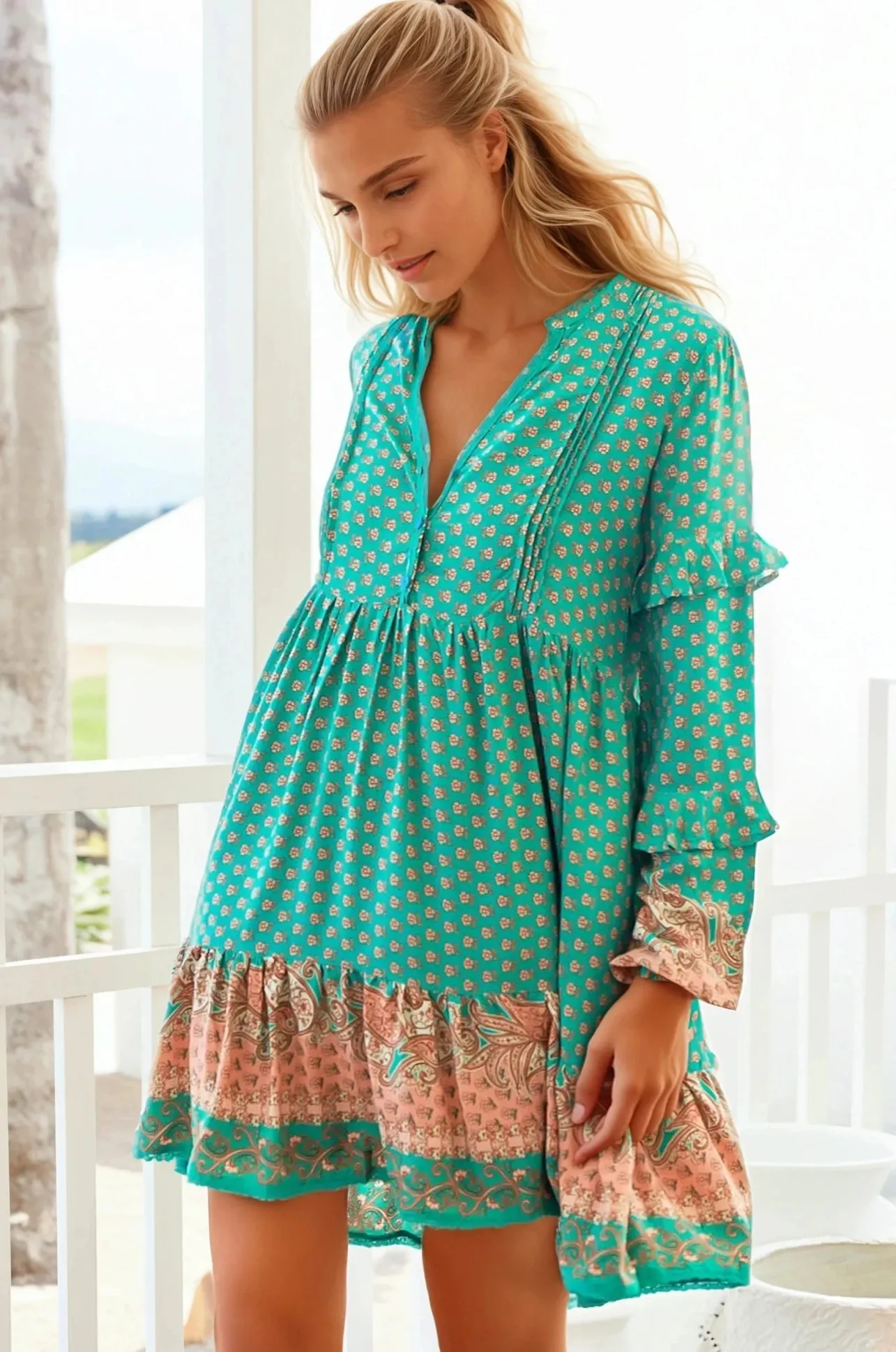 Fey Mini Dress - V-Neck Long Sleeve Mini Dress in Jade Print>Jaase Sale