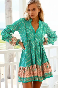 Fey Mini Dress - V-Neck Long Sleeve Mini Dress in Jade Print><noscript><img width=