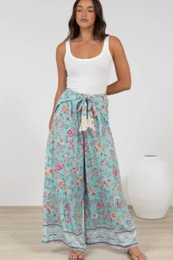 Finlee Pants - Attached Wrap Belt with Tassels Wide Leg Pants in Shirley Print>Salty Crush Hot