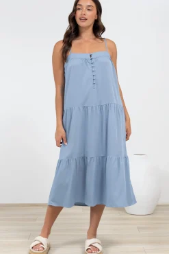Fintan Midi Dress - Sqaure Neckline Tiered Sun Dress in Blue><noscript><img width=
