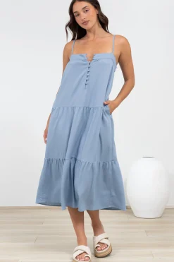 Fintan Midi Dress - Sqaure Neckline Tiered Sun Dress in Blue><noscript><img width=