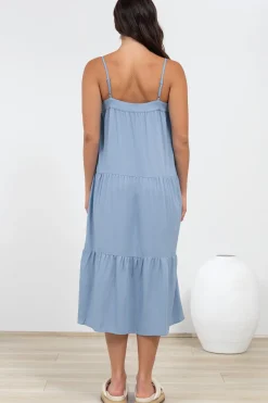 Fintan Midi Dress - Sqaure Neckline Tiered Sun Dress in Blue><noscript><img width=
