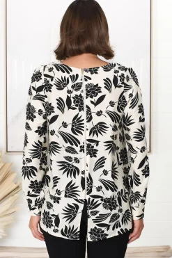 Fintra Top - Zipper Detail Long Sleeve Top in Black Kacia Print><noscript><img width=