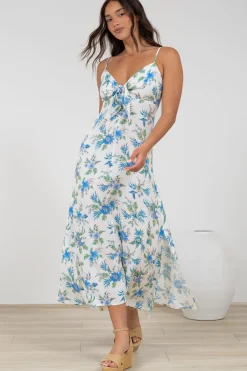 Foley Midi Dress - Tie Up Bodice Sun Dress with Adjustable Straps in Blue Bird Print><noscript><img width=