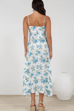 Foley Midi Dress - Tie Up Bodice Sun Dress with Adjustable Straps in Blue Bird Print><noscript><img width=