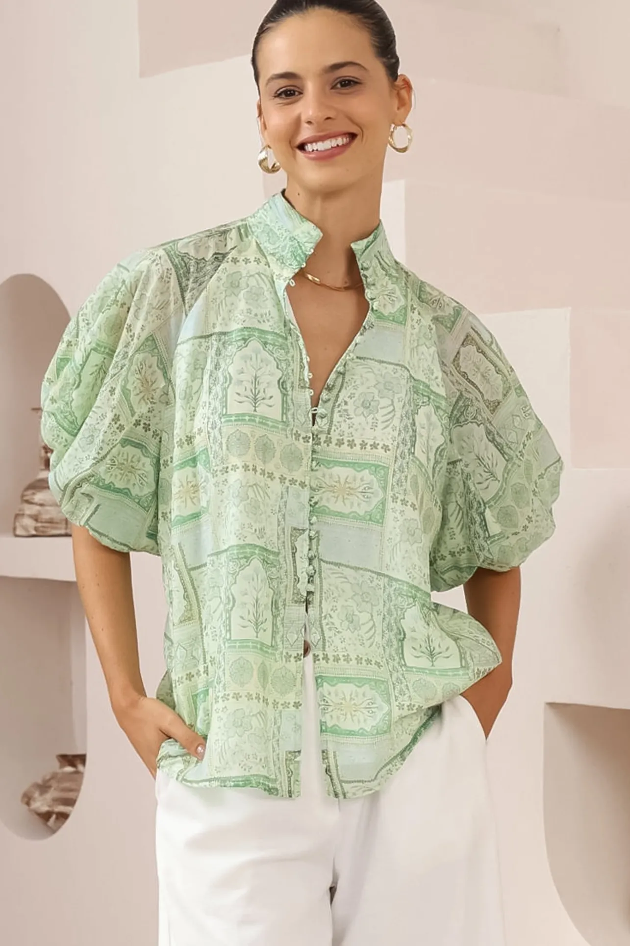Frankie Blouse - High Mandarin Collar Buttoned Down Top in Maxine Print>Salty Crush Online