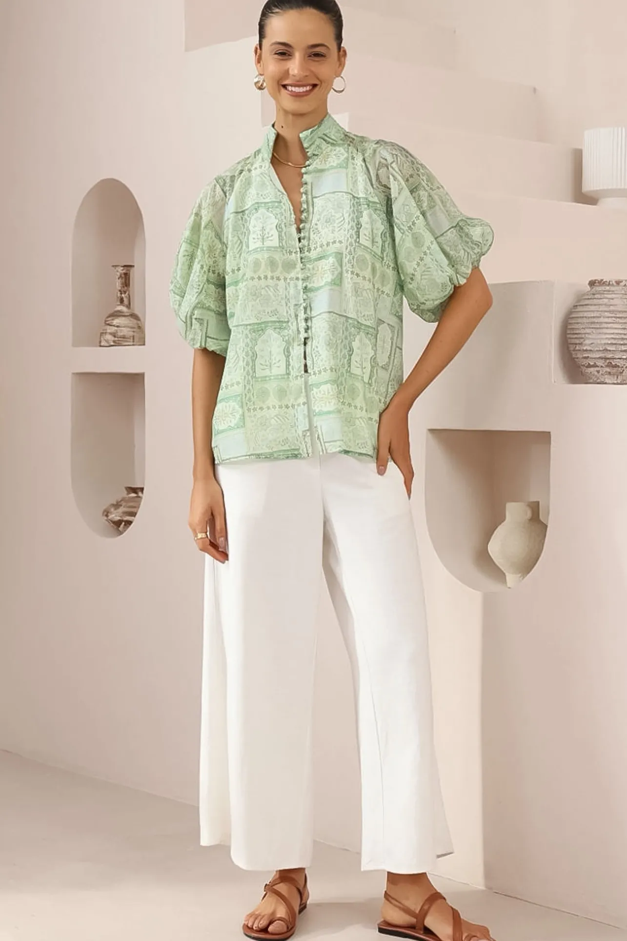 Frankie Blouse - High Mandarin Collar Buttoned Down Top in Maxine Print>Salty Crush Online