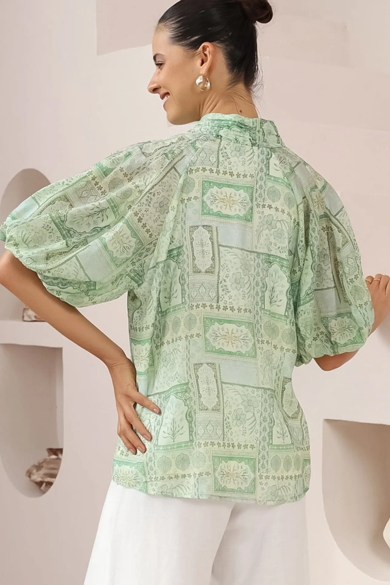 Frankie Blouse - High Mandarin Collar Buttoned Down Top in Maxine Print>Salty Crush Online