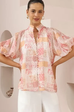 Frankie Blouse - High Mandarin Collar Buttoned Down Top in Hannah Print>Salty Crush Sale