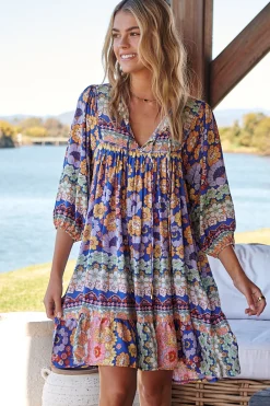 French Mini Dress - Yoke Neckline Dress with Matching Belt in Eden Print>Jaase