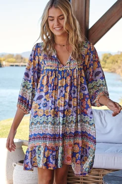 French Mini Dress - Yoke Neckline Dress with Matching Belt in Eden Print><noscript><img width=