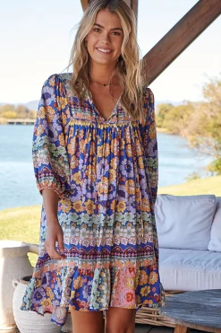 French Mini Dress - Yoke Neckline Dress with Matching Belt in Eden Print><noscript><img width=