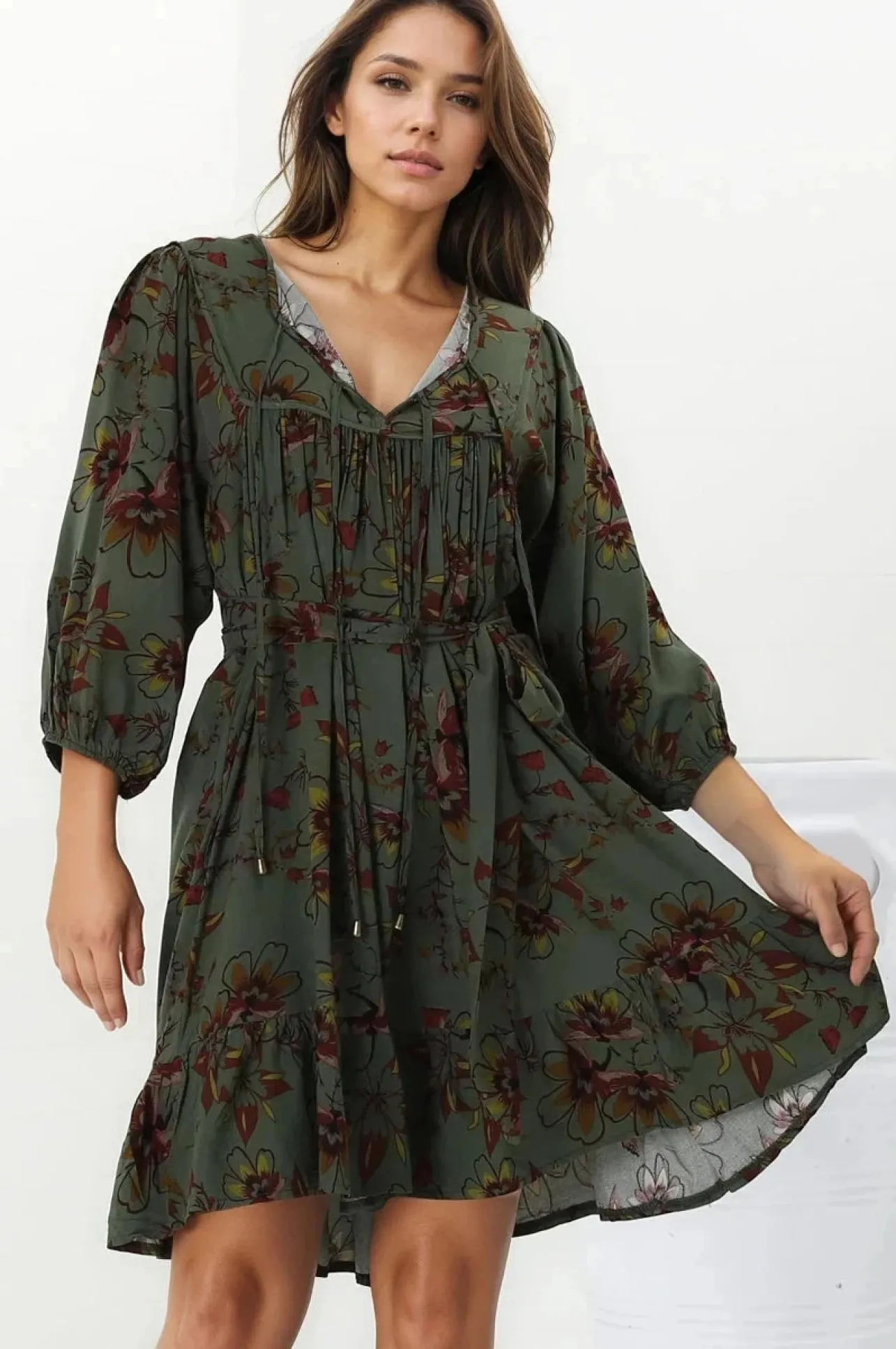 French Mini Dress - Yoke Neckline Dress with Matching Belt in Esme Print>Jaase Outlet