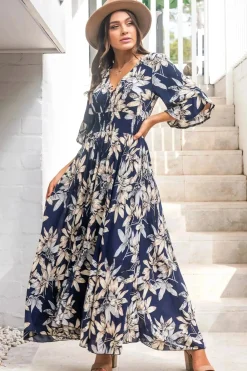 Frigg Maxi Dress - Buttoned Bodice A Line Dress With Flute Sleeves In Navy>Salty Crush Clearance