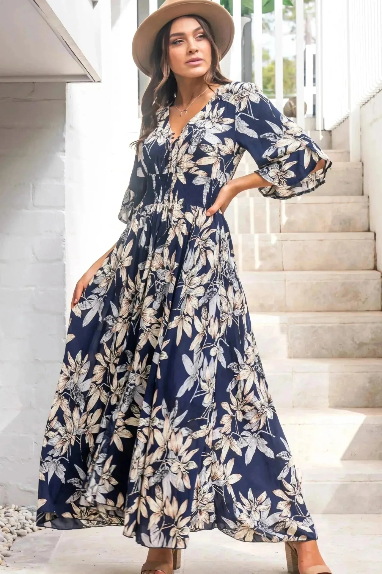 Frigg Maxi Dress - Buttoned Bodice A Line Dress With Flute Sleeves In Navy>Salty Crush Clearance