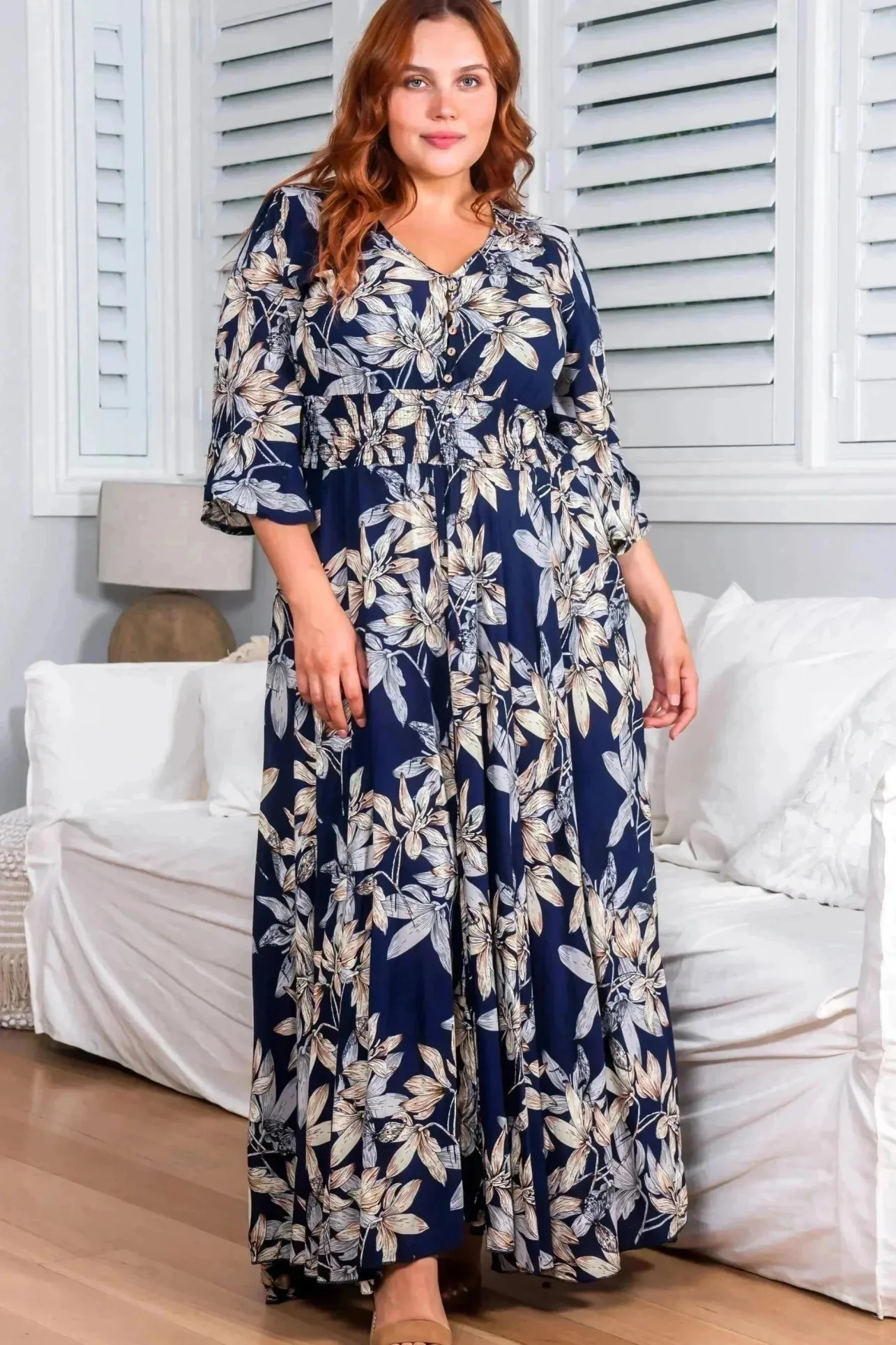 Frigg Maxi Dress - Buttoned Bodice A Line Dress With Flute Sleeves In Navy>Salty Crush Clearance
