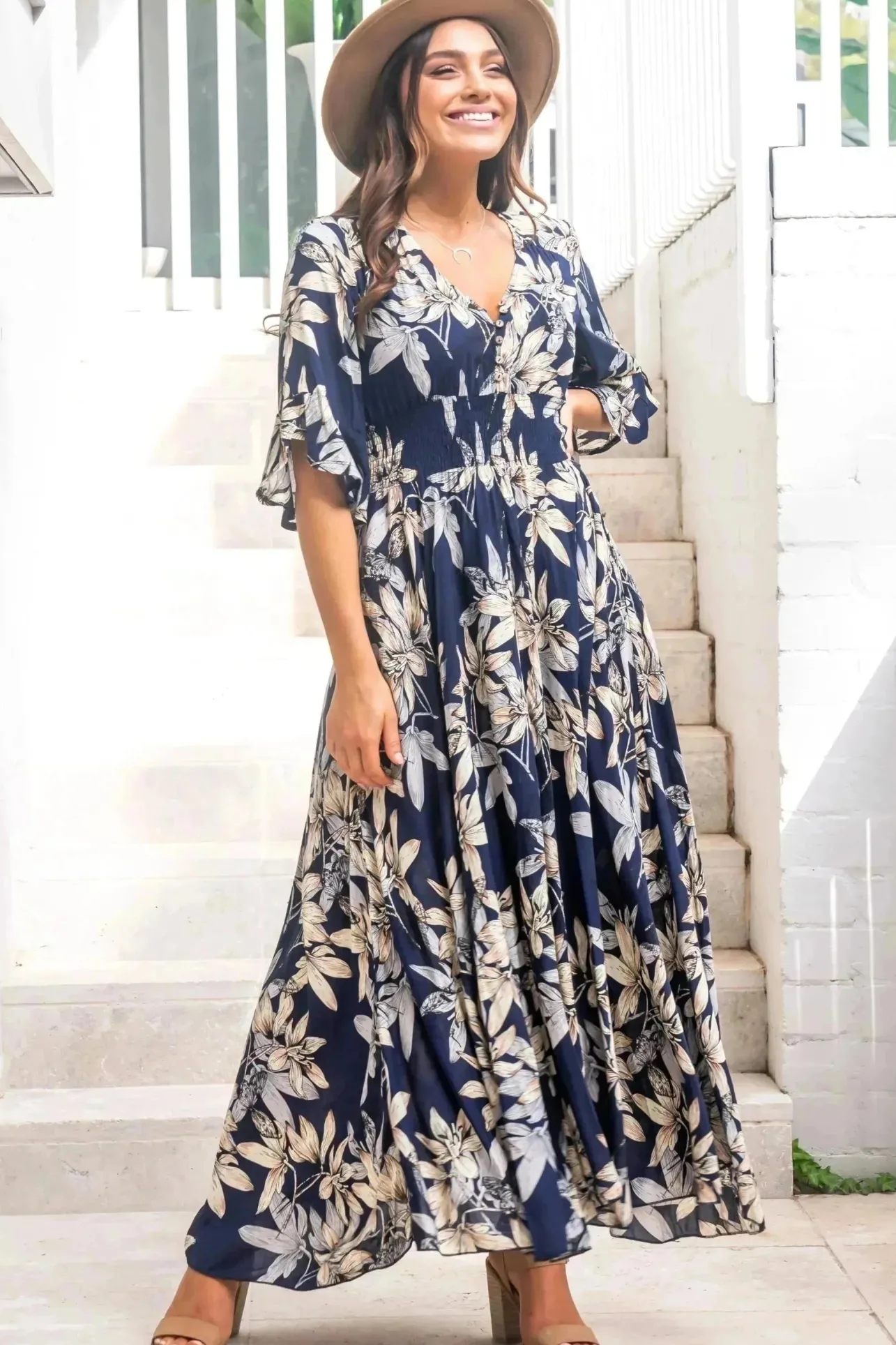 Frigg Maxi Dress - Buttoned Bodice A Line Dress With Flute Sleeves In Navy>Salty Crush Clearance