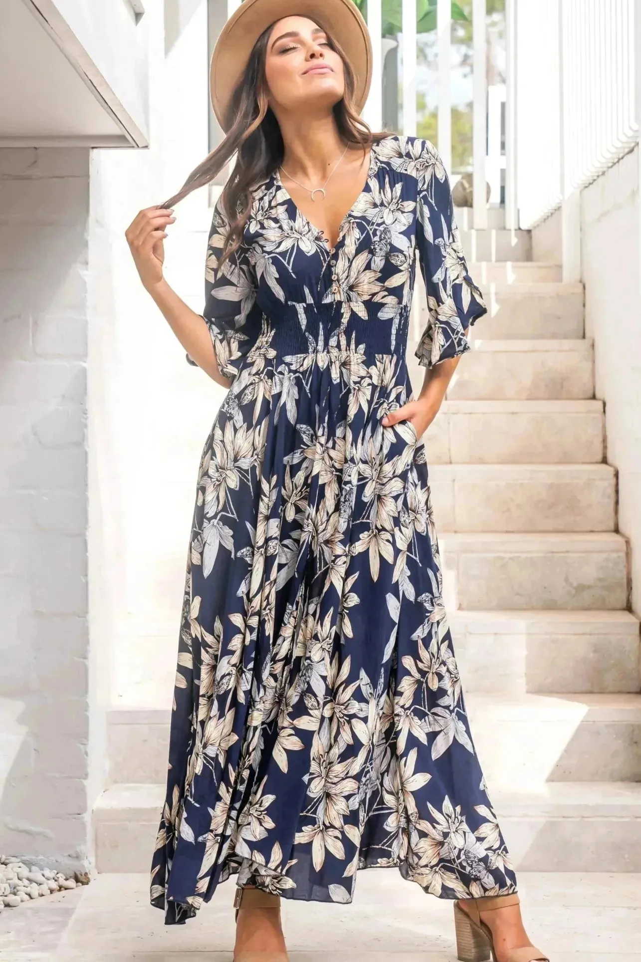 Frigg Maxi Dress - Buttoned Bodice A Line Dress With Flute Sleeves In Navy>Salty Crush Clearance