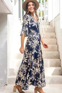Frigg Maxi Dress - Buttoned Bodice A Line Dress With Flute Sleeves In Navy><noscript><img width=
