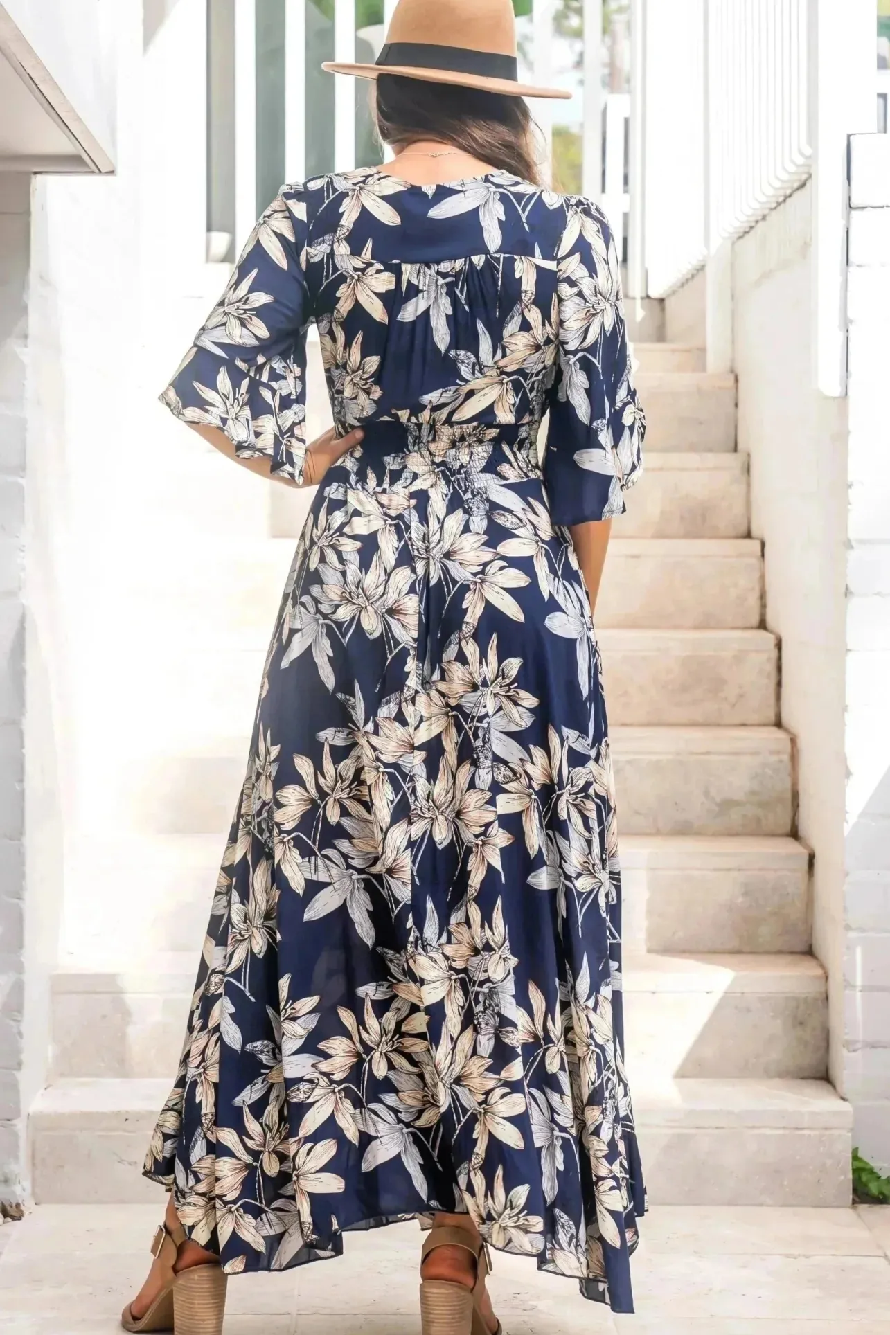 Frigg Maxi Dress - Buttoned Bodice A Line Dress With Flute Sleeves In Navy>Salty Crush Clearance