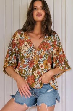 Gabriella Top - Mandarin Collar Deep V Neck Crochet Trim Top in Mimosa Print>Jaase