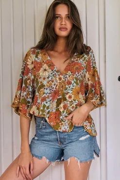 Gabriella Top - Mandarin Collar Deep V Neck Crochet Trim Top in Mimosa Print><noscript><img width=
