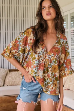 Gabriella Top - Mandarin Collar Deep V Neck Crochet Trim Top in Mimosa Print><noscript><img width=