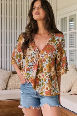 Gabriella Top - Mandarin Collar Deep V Neck Crochet Trim Top in Mimosa Print><noscript><img width=